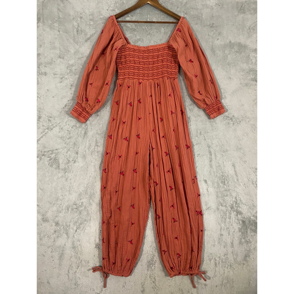 Free People Jumpsuit Sz S Dahlia Gauze Floral Embroidered Smocked Boho Whimsical